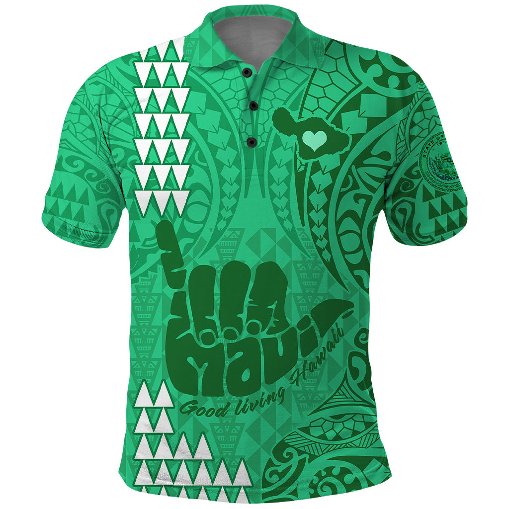 Personalised Strong Maui Polo Shirt Good Living Hawaii with Shaka Sign Kakau Tribal Green - Wonder Print Shop