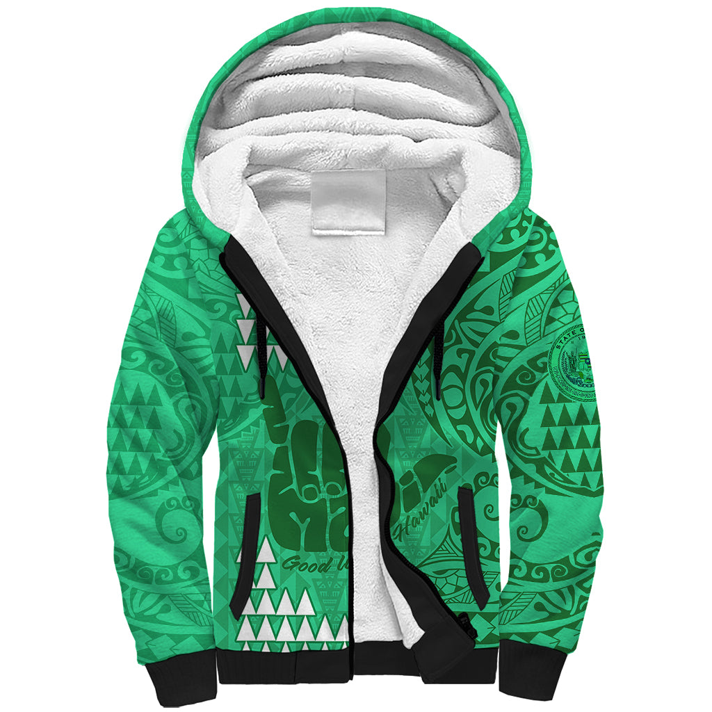 Personalised Strong Maui Sherpa Hoodie Good Living Hawaii with Shaka Sign Kakau Tribal Green - Wonder Print Shop