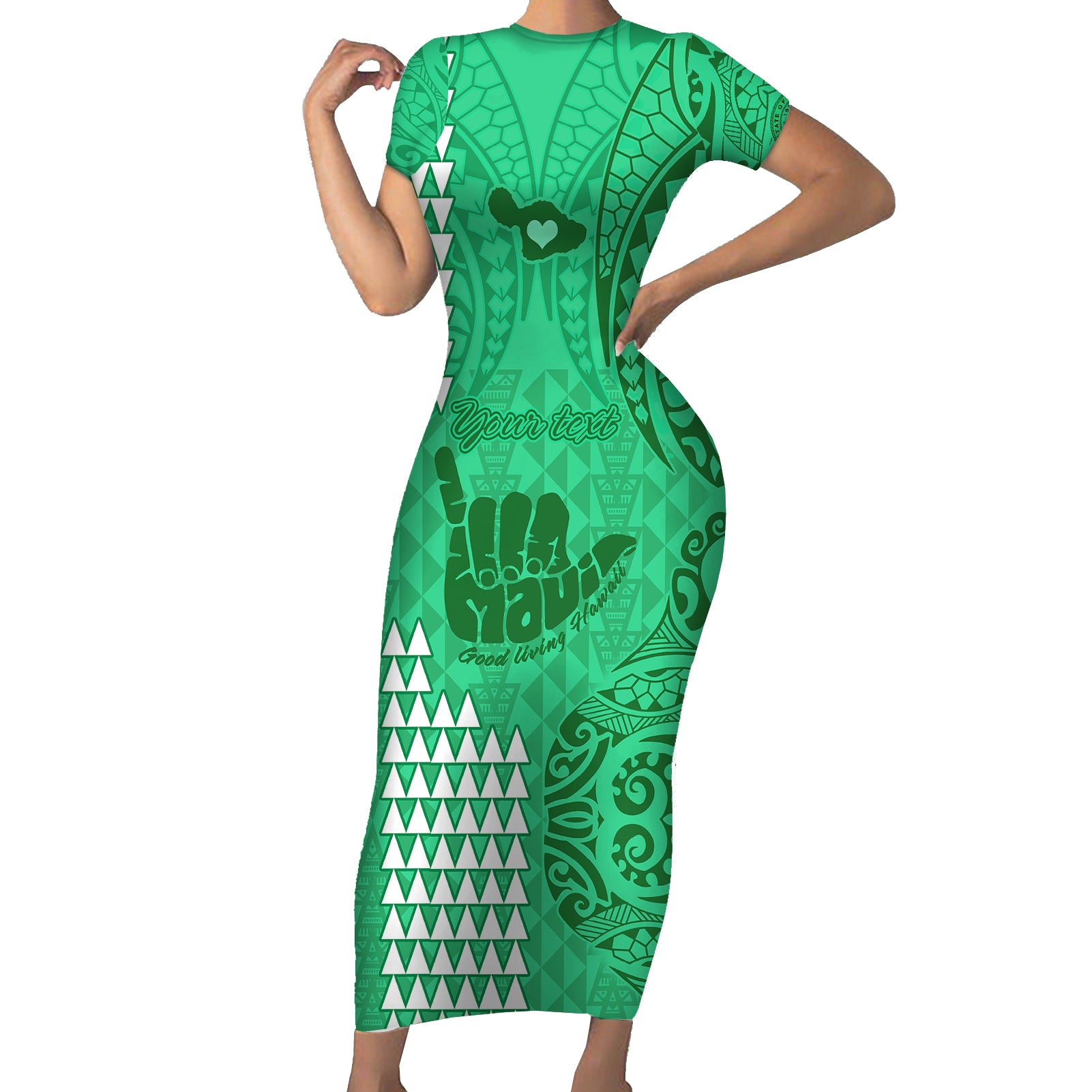 Personalised Strong Maui Short Sleeve Bodycon Dress Good Living Hawaii with Shaka Sign Kakau Tribal Green - Wonder Print Shop