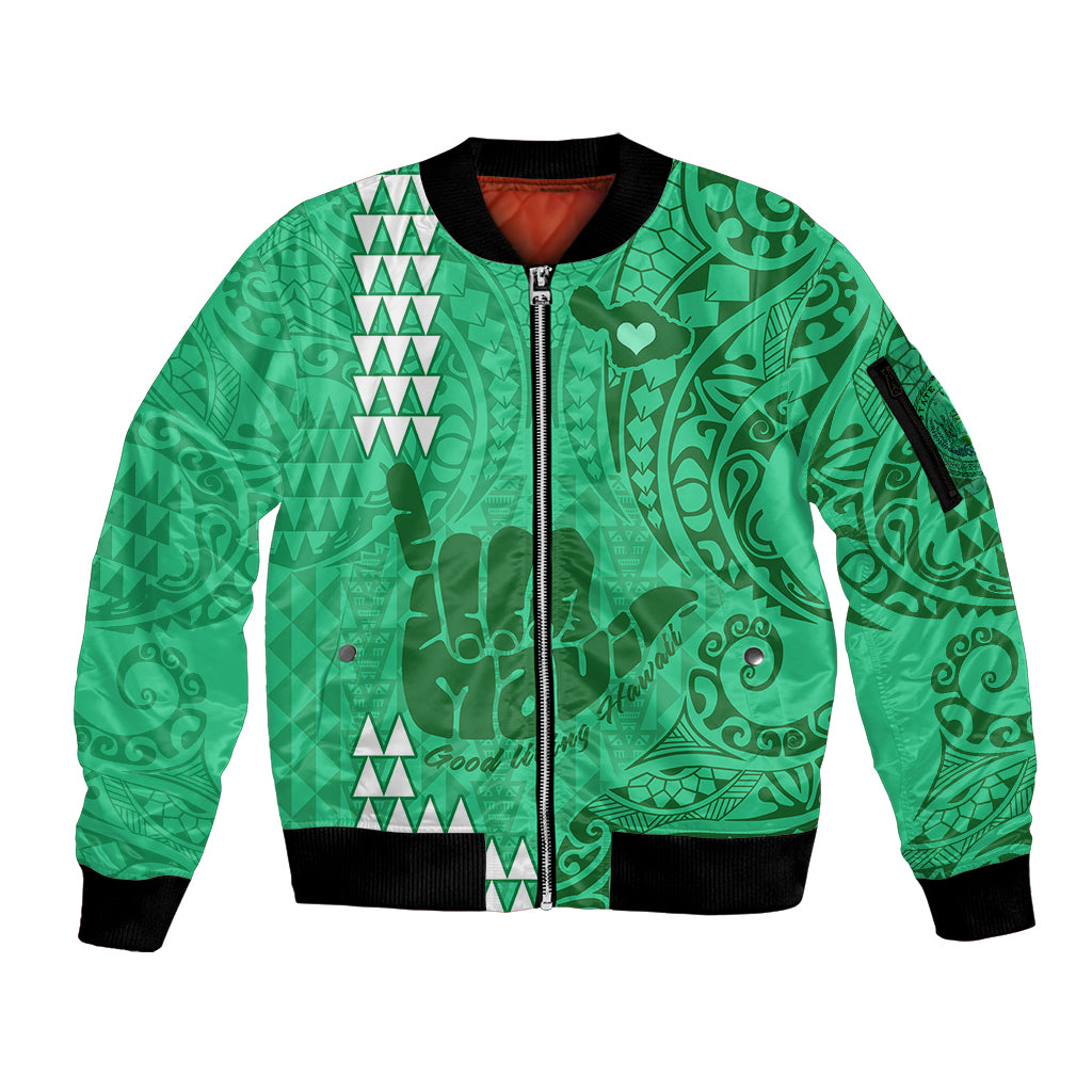 Personalised Strong Maui Sleeve Zip Bomber Jacket Good Living Hawaii with Shaka Sign Kakau Tribal Green - Wonder Print Shop