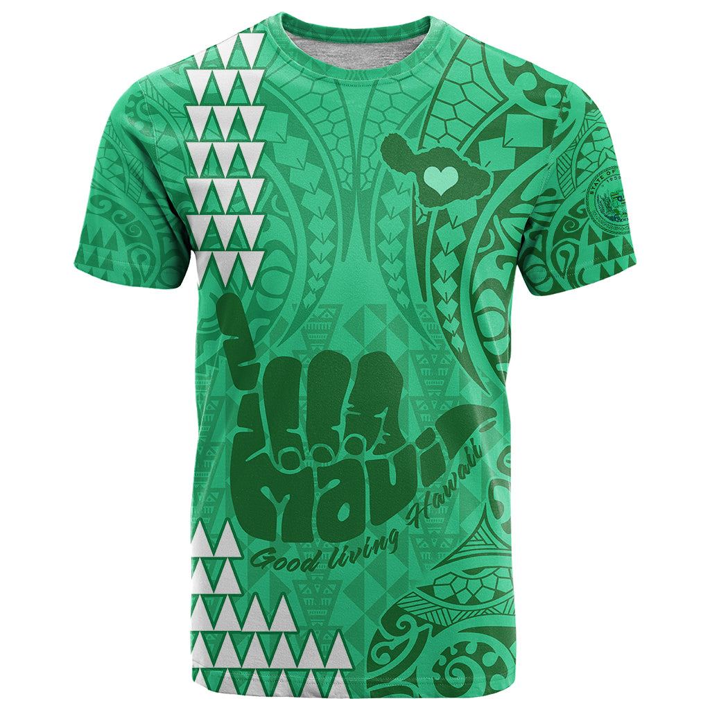 Personalised Strong Maui T Shirt Good Living Hawaii with Shaka Sign Kakau Tribal Green - Wonder Print Shop