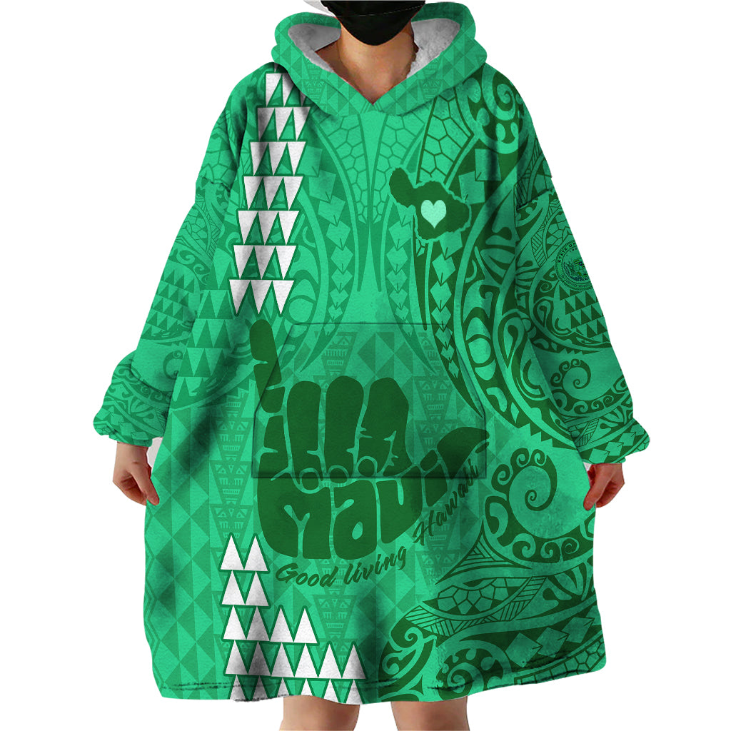 Personalised Strong Maui Wearable Blanket Hoodie Good Living Hawaii with Shaka Sign Kakau Tribal Green - Wonder Print Shop