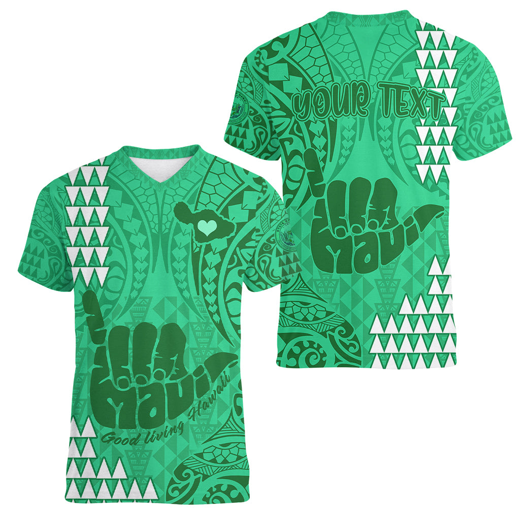 Personalised Strong Maui Women V Neck T Shirt Good Living Hawaii with Shaka Sign Kakau Tribal Green - Wonder Print Shop