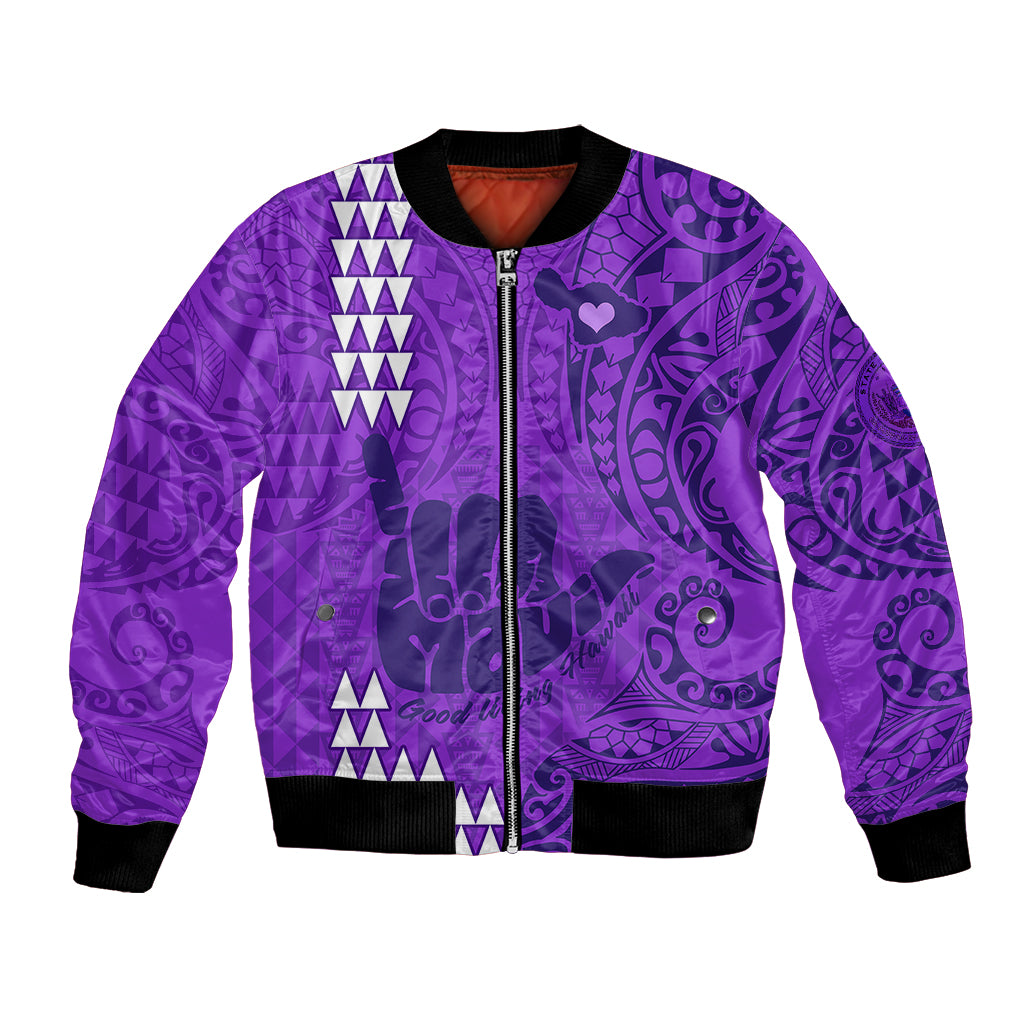 Strong Maui Bomber Jacket Good Living Hawaii with Shaka Sign Kakau Tribal Purple LT9 - Wonder Print Shop