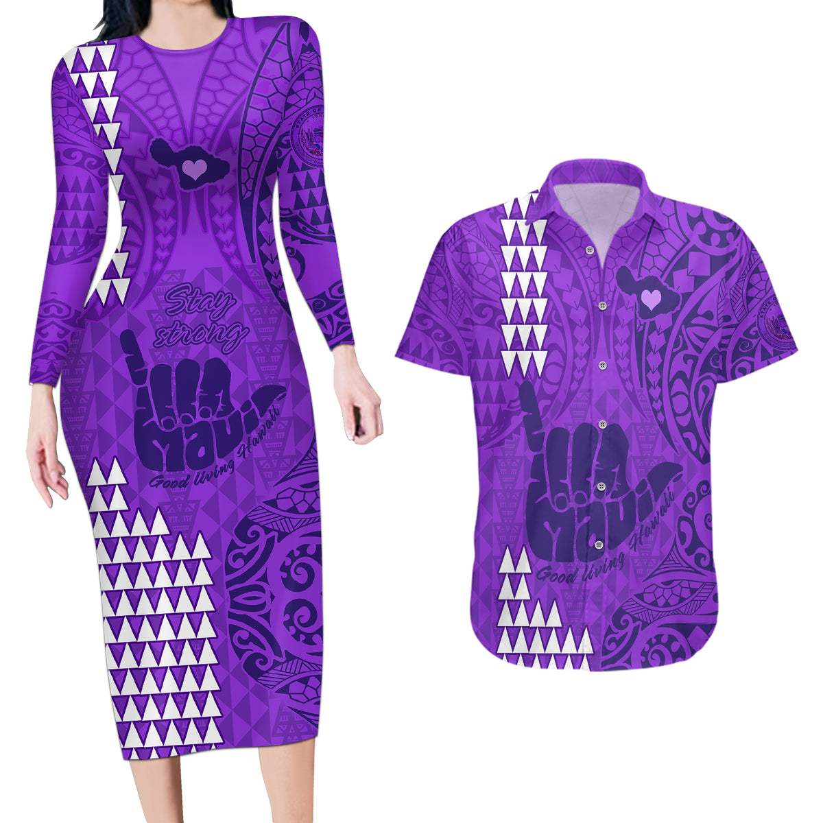 Strong Maui Couples Matching Long Sleeve Bodycon Dress and Hawaiian Shirt Good Living Hawaii with Shaka Sign Kakau Tribal Purple LT9 - Wonder Print Shop