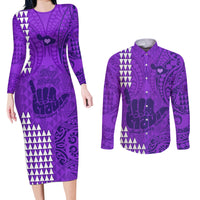 Strong Maui Couples Matching Long Sleeve Bodycon Dress and Long Sleeve Button Shirts Good Living Hawaii with Shaka Sign Kakau Tribal Purple LT9 - Wonder Print Shop