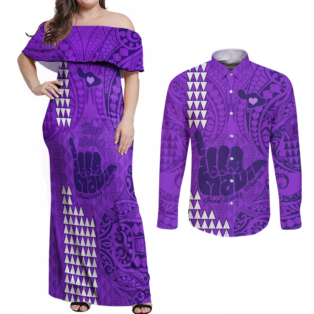 Strong Maui Couples Matching Off Shoulder Maxi Dress and Long Sleeve Button Shirts Good Living Hawaii with Shaka Sign Kakau Tribal Purple LT9 - Wonder Print Shop
