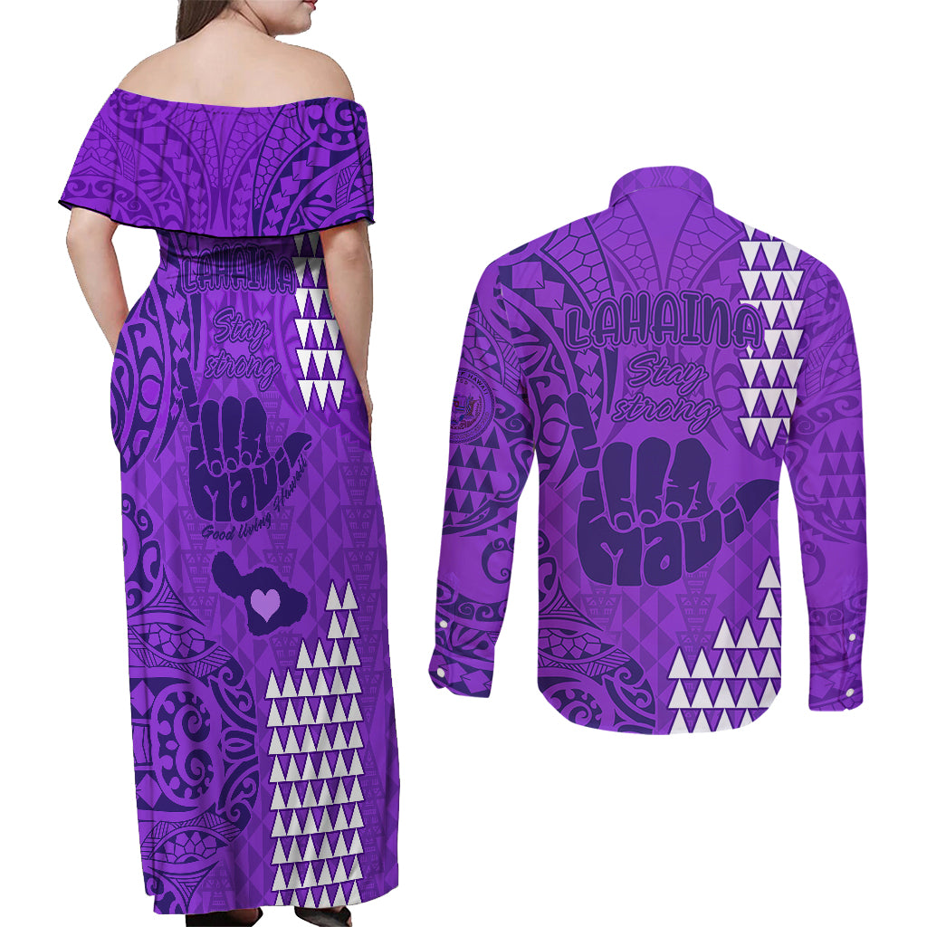 Strong Maui Couples Matching Off Shoulder Maxi Dress and Long Sleeve Button Shirts Good Living Hawaii with Shaka Sign Kakau Tribal Purple LT9 - Wonder Print Shop