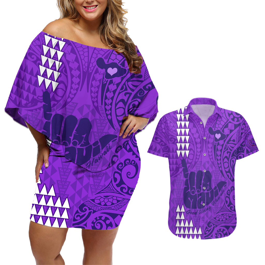 Strong Maui Couples Matching Off Shoulder Short Dress and Hawaiian Shirt Good Living Hawaii with Shaka Sign Kakau Tribal Purple LT9 - Wonder Print Shop