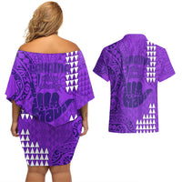 Strong Maui Couples Matching Off Shoulder Short Dress and Hawaiian Shirt Good Living Hawaii with Shaka Sign Kakau Tribal Purple LT9 - Wonder Print Shop