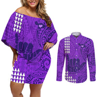 Strong Maui Couples Matching Off Shoulder Short Dress and Long Sleeve Button Shirts Good Living Hawaii with Shaka Sign Kakau Tribal Purple LT9 - Wonder Print Shop