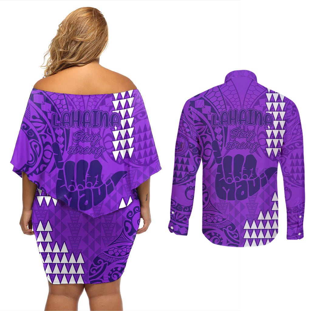 Strong Maui Couples Matching Off Shoulder Short Dress and Long Sleeve Button Shirts Good Living Hawaii with Shaka Sign Kakau Tribal Purple LT9 - Wonder Print Shop