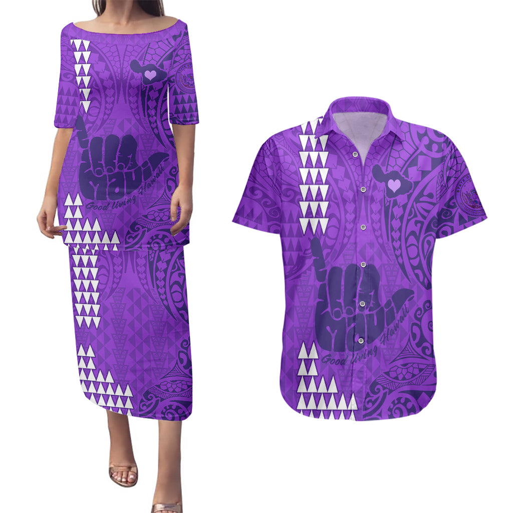 Strong Maui Couples Matching Puletasi Dress and Hawaiian Shirt Good Living Hawaii with Shaka Sign Kakau Tribal Purple LT9 - Wonder Print Shop