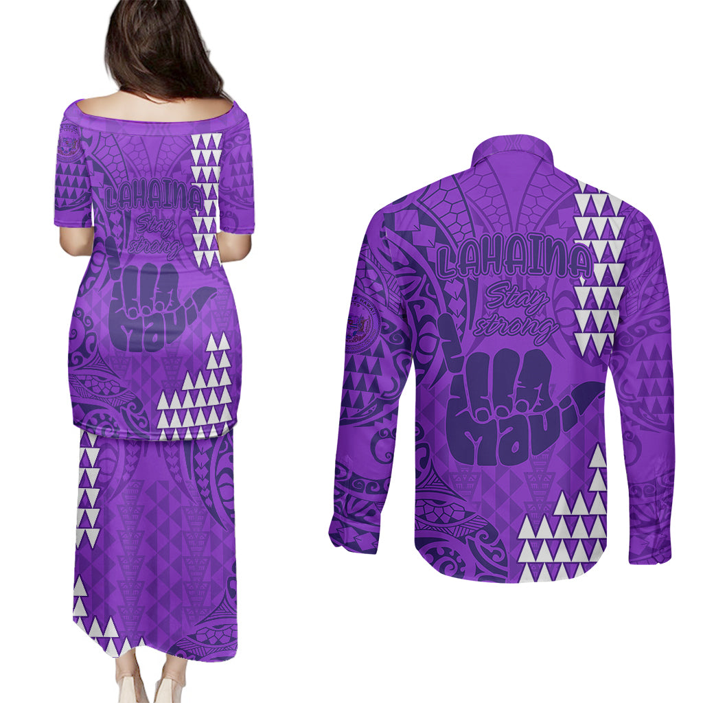 Strong Maui Couples Matching Puletasi Dress and Long Sleeve Button Shirts Good Living Hawaii with Shaka Sign Kakau Tribal Purple LT9 - Wonder Print Shop