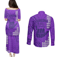 Strong Maui Couples Matching Puletasi Dress and Long Sleeve Button Shirts Good Living Hawaii with Shaka Sign Kakau Tribal Purple LT9 - Wonder Print Shop