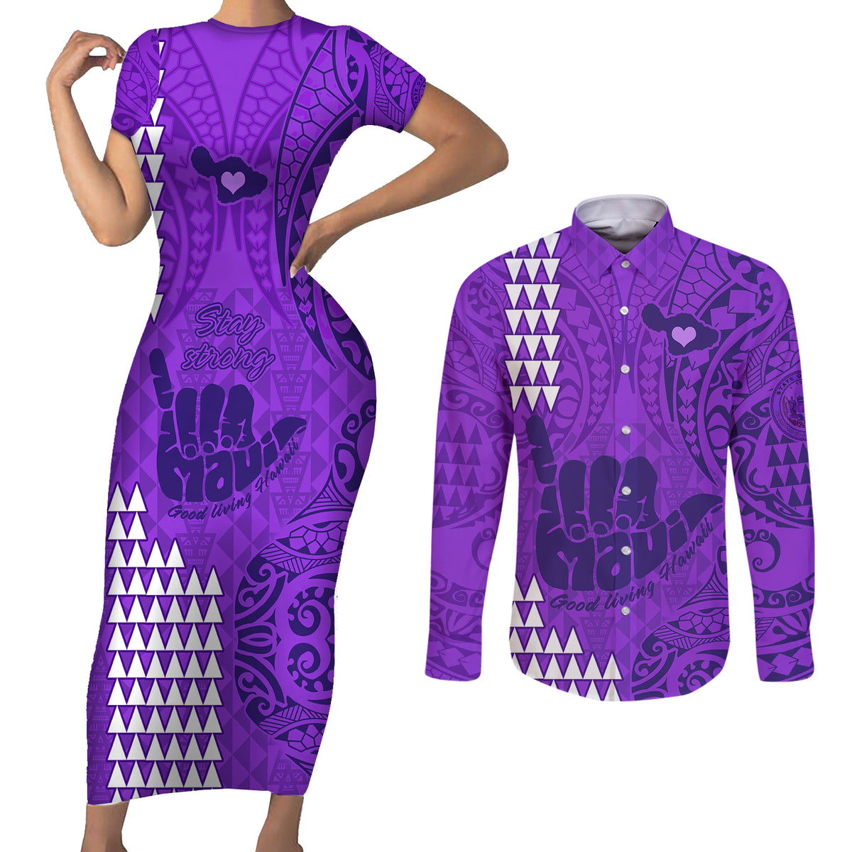 Strong Maui Couples Matching Short Sleeve Bodycon Dress and Long Sleeve Button Shirts Good Living Hawaii with Shaka Sign Kakau Tribal Purple LT9 - Wonder Print Shop