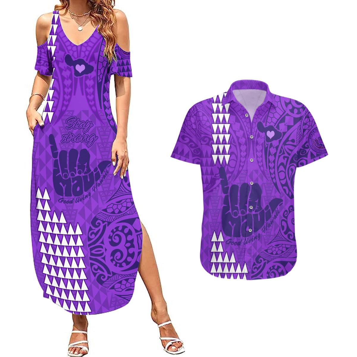 Strong Maui Couples Matching Summer Maxi Dress and Hawaiian Shirt Good Living Hawaii with Shaka Sign Kakau Tribal Purple LT9 - Wonder Print Shop