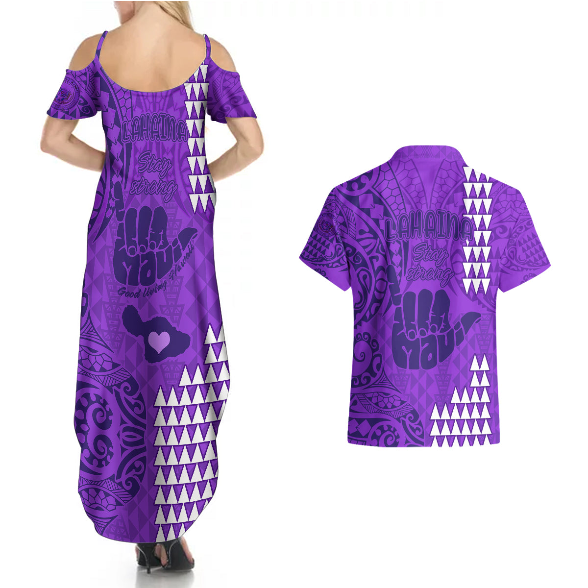 Strong Maui Couples Matching Summer Maxi Dress and Hawaiian Shirt Good Living Hawaii with Shaka Sign Kakau Tribal Purple LT9 - Wonder Print Shop