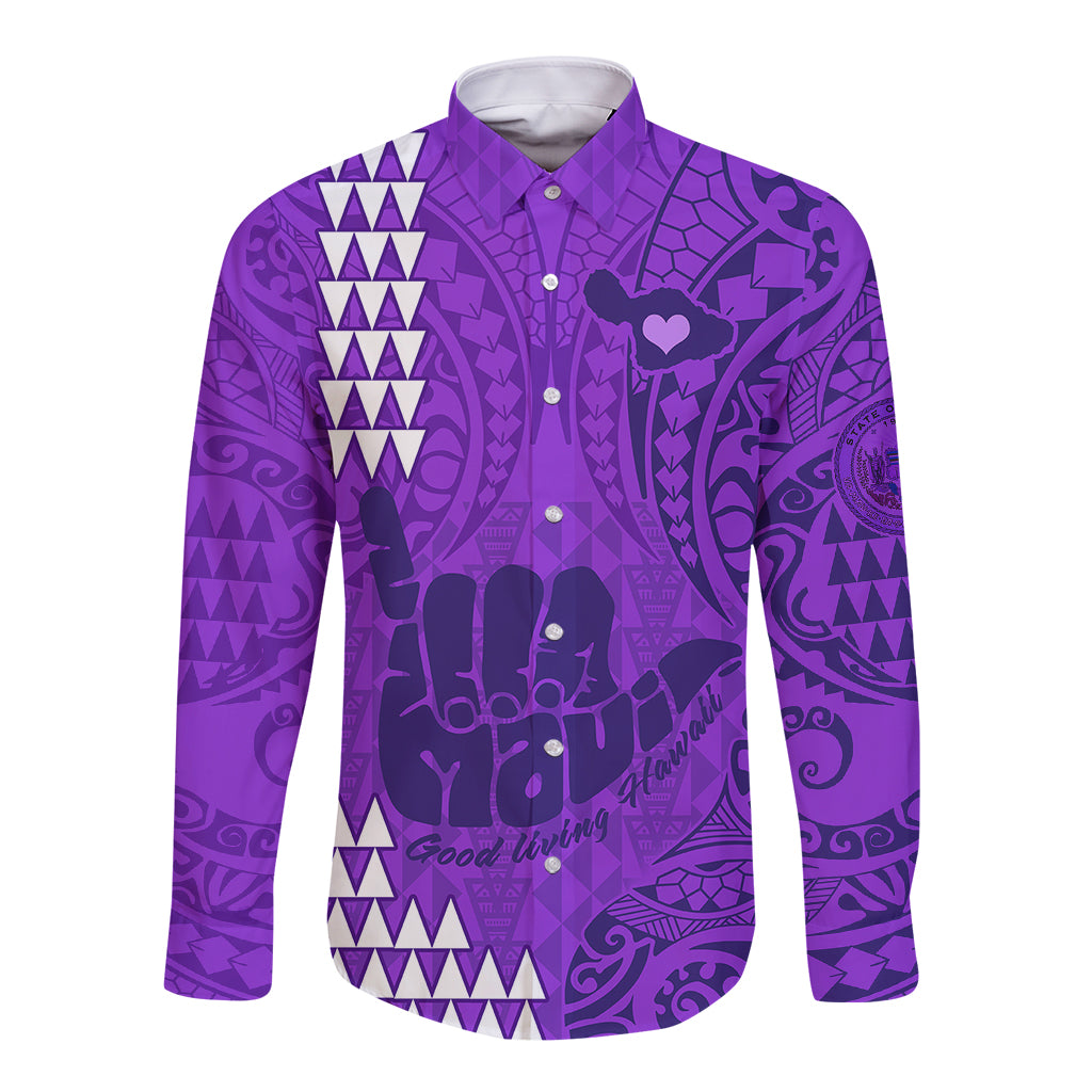 Strong Maui Long Sleeve Button Shirt Good Living Hawaii with Shaka Sign Kakau Tribal Purple - Wonder Print Shop