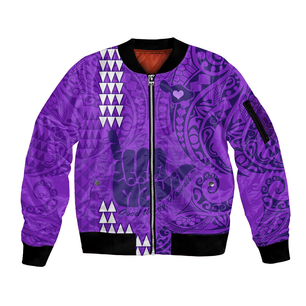 Strong Maui Sleeve Zip Bomber Jacket Good Living Hawaii with Shaka Sign Kakau Tribal Purple - Wonder Print Shop