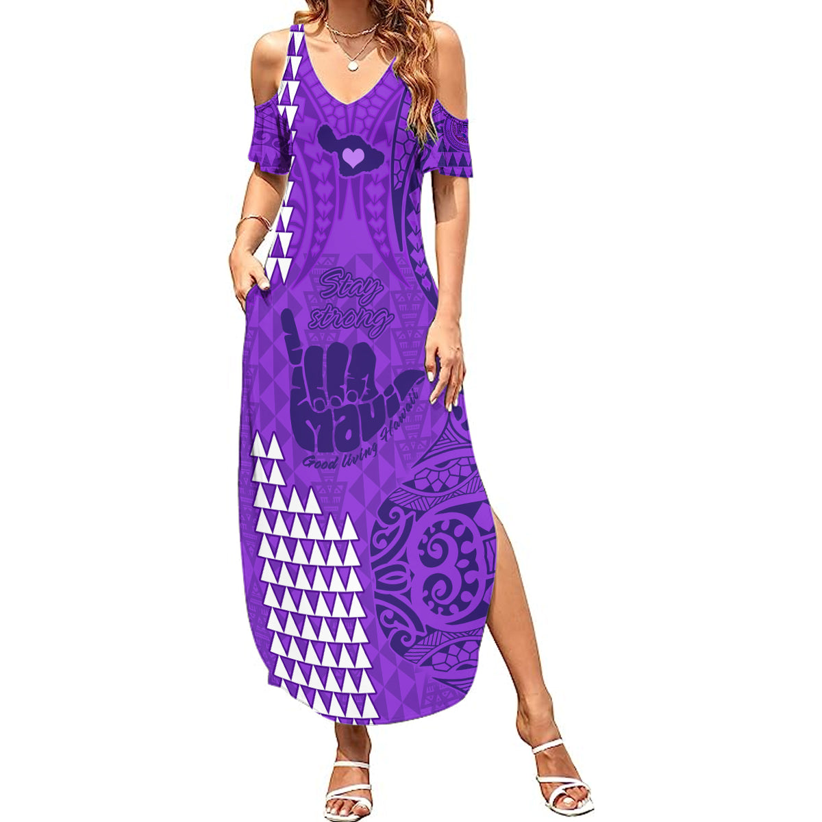 Strong Maui Summer Maxi Dress Good Living Hawaii with Shaka Sign Kakau Tribal Purple - Wonder Print Shop
