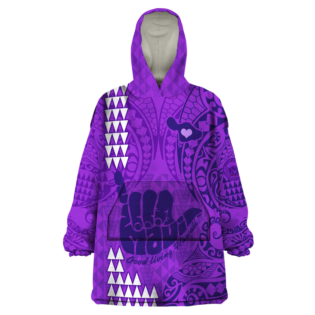 Strong Maui Wearable Blanket Hoodie Good Living Hawaii with Shaka Sign Kakau Tribal Purple - Wonder Print Shop