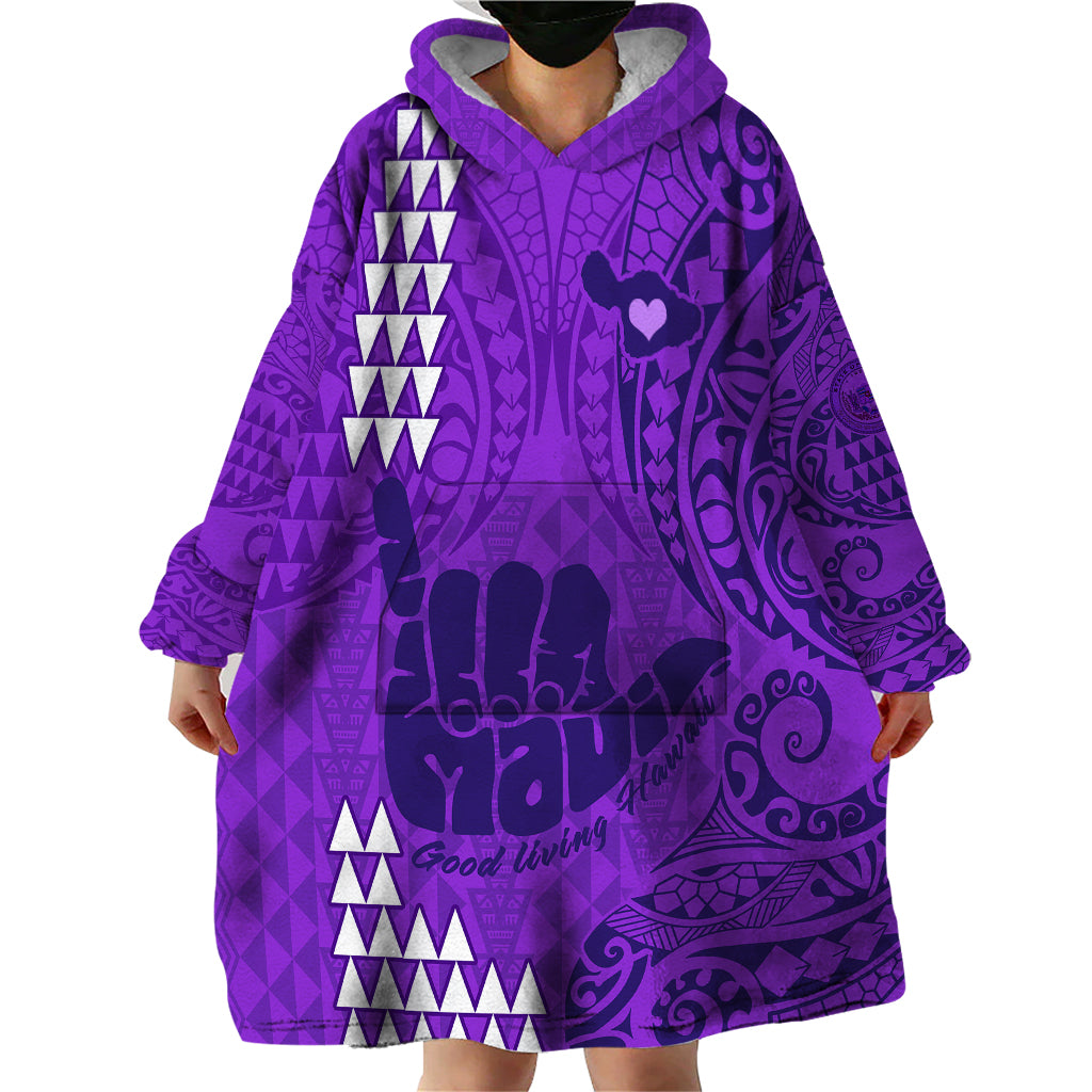 Strong Maui Wearable Blanket Hoodie Good Living Hawaii with Shaka Sign Kakau Tribal Purple - Wonder Print Shop