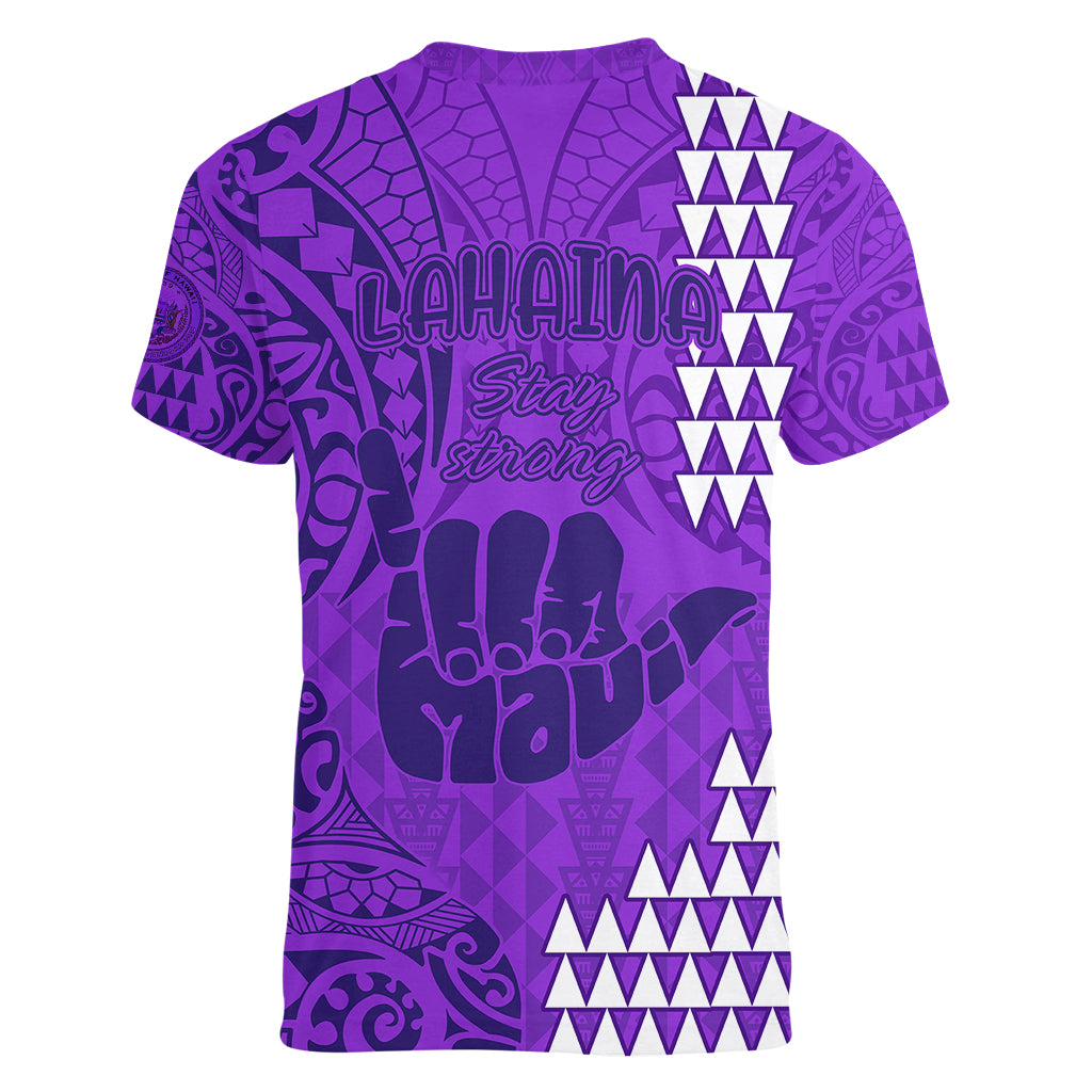 Strong Maui Women V Neck T Shirt Good Living Hawaii with Shaka Sign Kakau Tribal Purple - Wonder Print Shop
