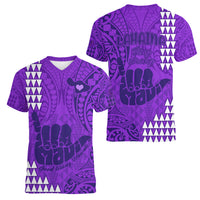 Strong Maui Women V Neck T Shirt Good Living Hawaii with Shaka Sign Kakau Tribal Purple - Wonder Print Shop