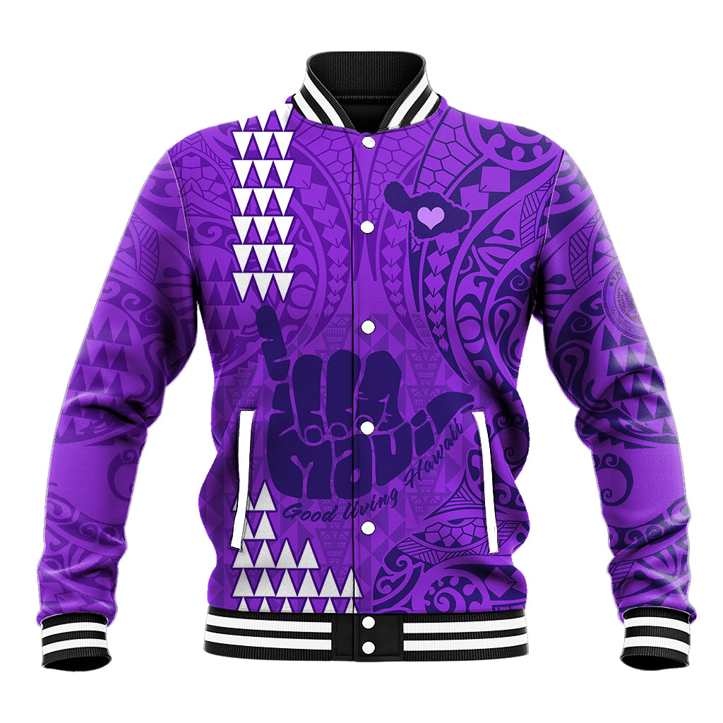 Personalised Strong Maui Baseball Jacket Good Living Hawaii with Shaka Sign Kakau Tribal Purple LT9 - Wonder Print Shop