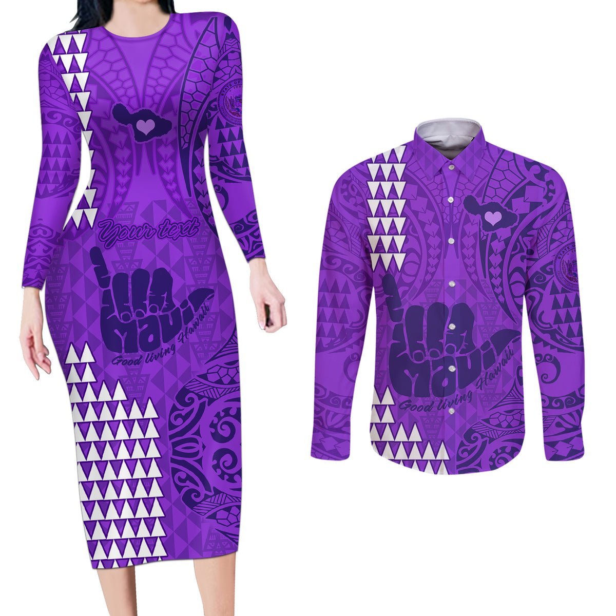 Personalised Strong Maui Couples Matching Long Sleeve Bodycon Dress and Long Sleeve Button Shirts Good Living Hawaii with Shaka Sign Kakau Tribal Purple LT9 - Wonder Print Shop