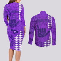 Personalised Strong Maui Couples Matching Long Sleeve Bodycon Dress and Long Sleeve Button Shirts Good Living Hawaii with Shaka Sign Kakau Tribal Purple LT9 - Wonder Print Shop