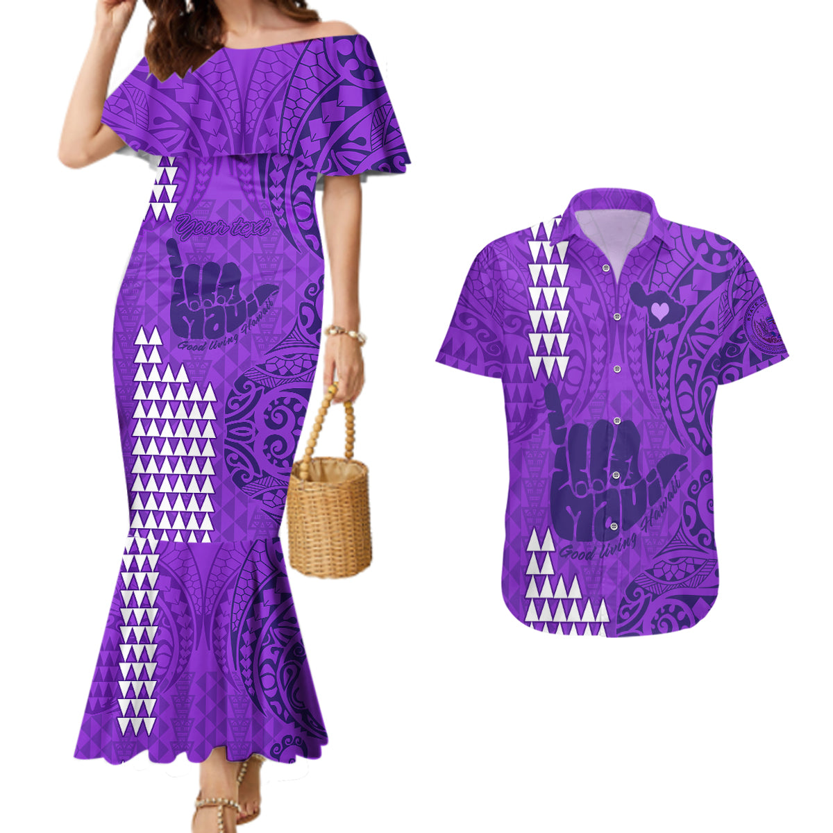 Personalised Strong Maui Couples Matching Mermaid Dress and Hawaiian Shirt Good Living Hawaii with Shaka Sign Kakau Tribal Purple LT9 - Wonder Print Shop