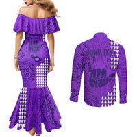 personalised-strong-maui-couples-matching-mermaid-dress-and-long-sleeve-button-shirts-good-living-hawaii-with-shaka-sign-kakau-tribal-purple