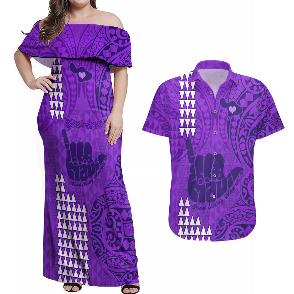 Personalised Strong Maui Couples Matching Off Shoulder Maxi Dress and Hawaiian Shirt Good Living Hawaii with Shaka Sign Kakau Tribal Purple LT9 - Wonder Print Shop