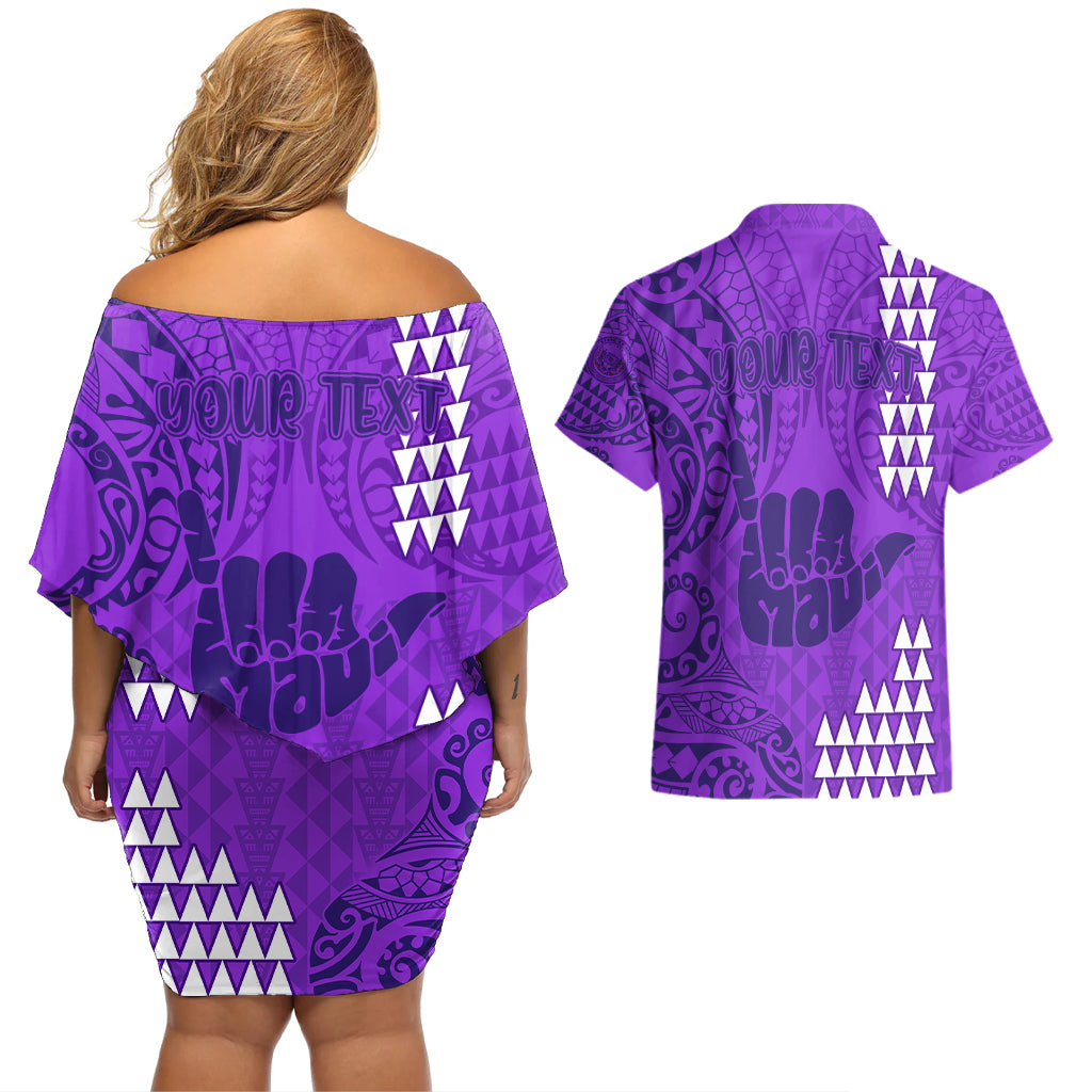 Personalised Strong Maui Couples Matching Off Shoulder Short Dress and Hawaiian Shirt Good Living Hawaii with Shaka Sign Kakau Tribal Purple LT9 - Wonder Print Shop