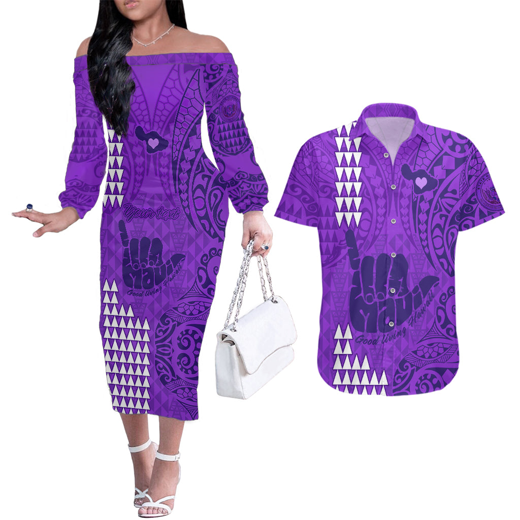 Personalised Strong Maui Couples Matching Off The Shoulder Long Sleeve Dress and Hawaiian Shirt Good Living Hawaii with Shaka Sign Kakau Tribal Purple LT9 - Wonder Print Shop