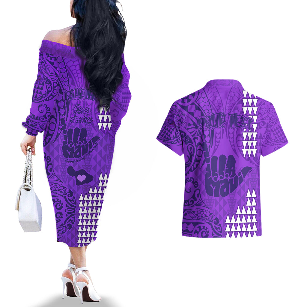 Personalised Strong Maui Couples Matching Off The Shoulder Long Sleeve Dress and Hawaiian Shirt Good Living Hawaii with Shaka Sign Kakau Tribal Purple LT9 - Wonder Print Shop