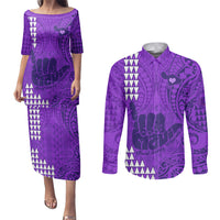 Personalised Strong Maui Couples Matching Puletasi Dress and Long Sleeve Button Shirts Good Living Hawaii with Shaka Sign Kakau Tribal Purple LT9 - Wonder Print Shop