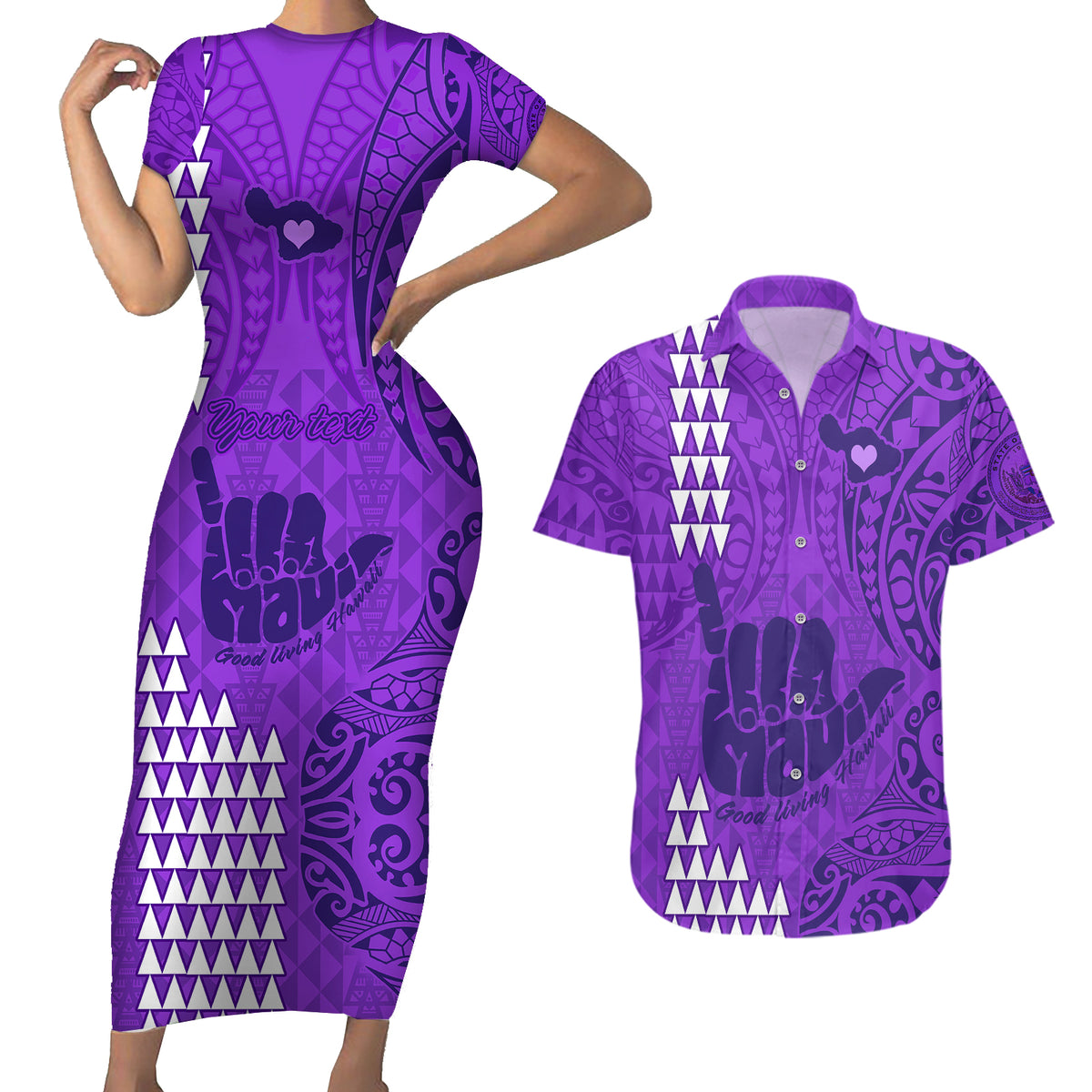 Personalised Strong Maui Couples Matching Short Sleeve Bodycon Dress and Hawaiian Shirt Good Living Hawaii with Shaka Sign Kakau Tribal Purple LT9 - Wonder Print Shop