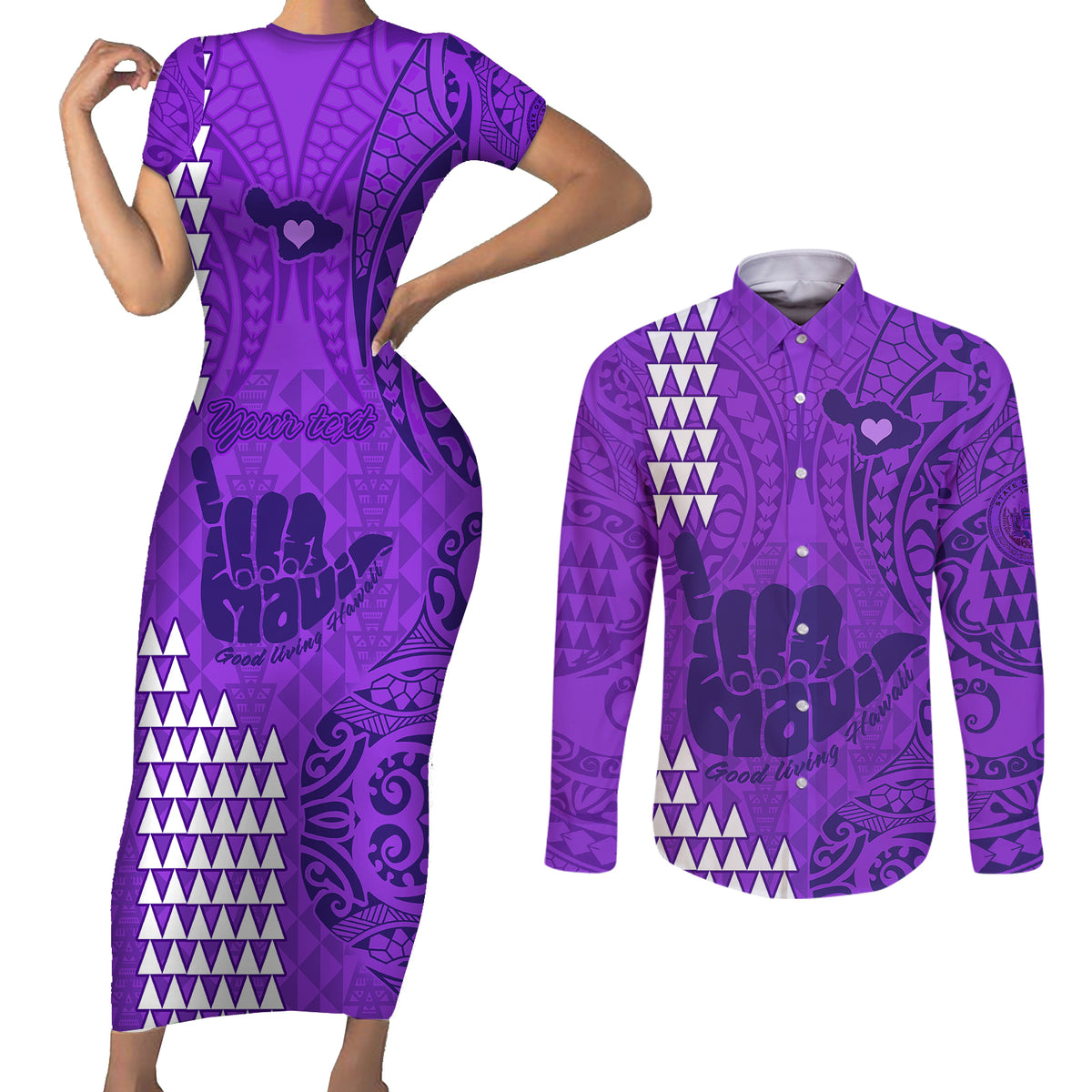 Personalised Strong Maui Couples Matching Short Sleeve Bodycon Dress and Long Sleeve Button Shirts Good Living Hawaii with Shaka Sign Kakau Tribal Purple LT9 - Wonder Print Shop