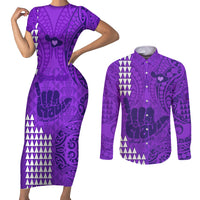 Personalised Strong Maui Couples Matching Short Sleeve Bodycon Dress and Long Sleeve Button Shirts Good Living Hawaii with Shaka Sign Kakau Tribal Purple LT9 - Wonder Print Shop