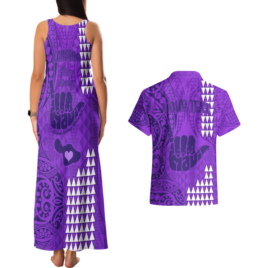 Personalised Strong Maui Couples Matching Tank Maxi Dress and Hawaiian Shirt Good Living Hawaii with Shaka Sign Kakau Tribal Purple LT9 - Wonder Print Shop