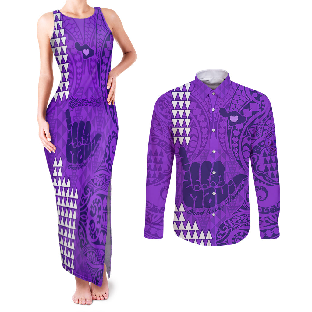 Personalised Strong Maui Couples Matching Tank Maxi Dress and Long Sleeve Button Shirts Good Living Hawaii with Shaka Sign Kakau Tribal Purple LT9 - Wonder Print Shop