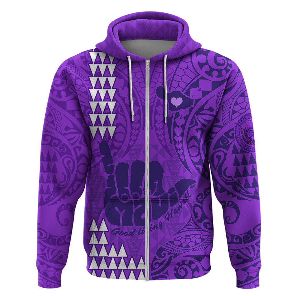 Personalised Strong Maui Hoodie Good Living Hawaii with Shaka Sign Kakau Tribal Purple - Wonder Print Shop