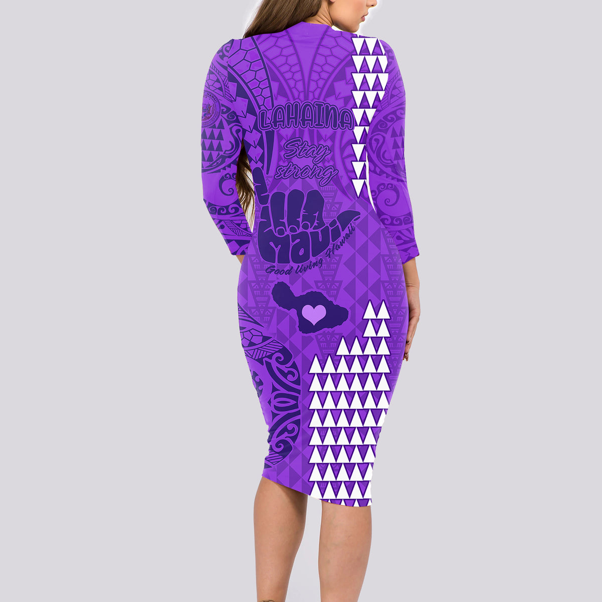 Personalised Strong Maui Long Sleeve Bodycon Dress Good Living Hawaii with Shaka Sign Kakau Tribal Purple - Wonder Print Shop