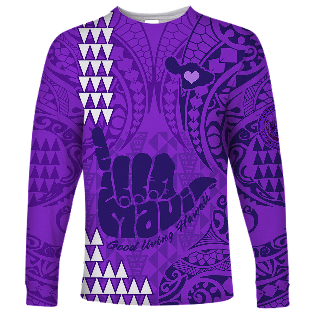 Personalised Strong Maui Long Sleeve Shirt Good Living Hawaii with Shaka Sign Kakau Tribal Purple - Wonder Print Shop
