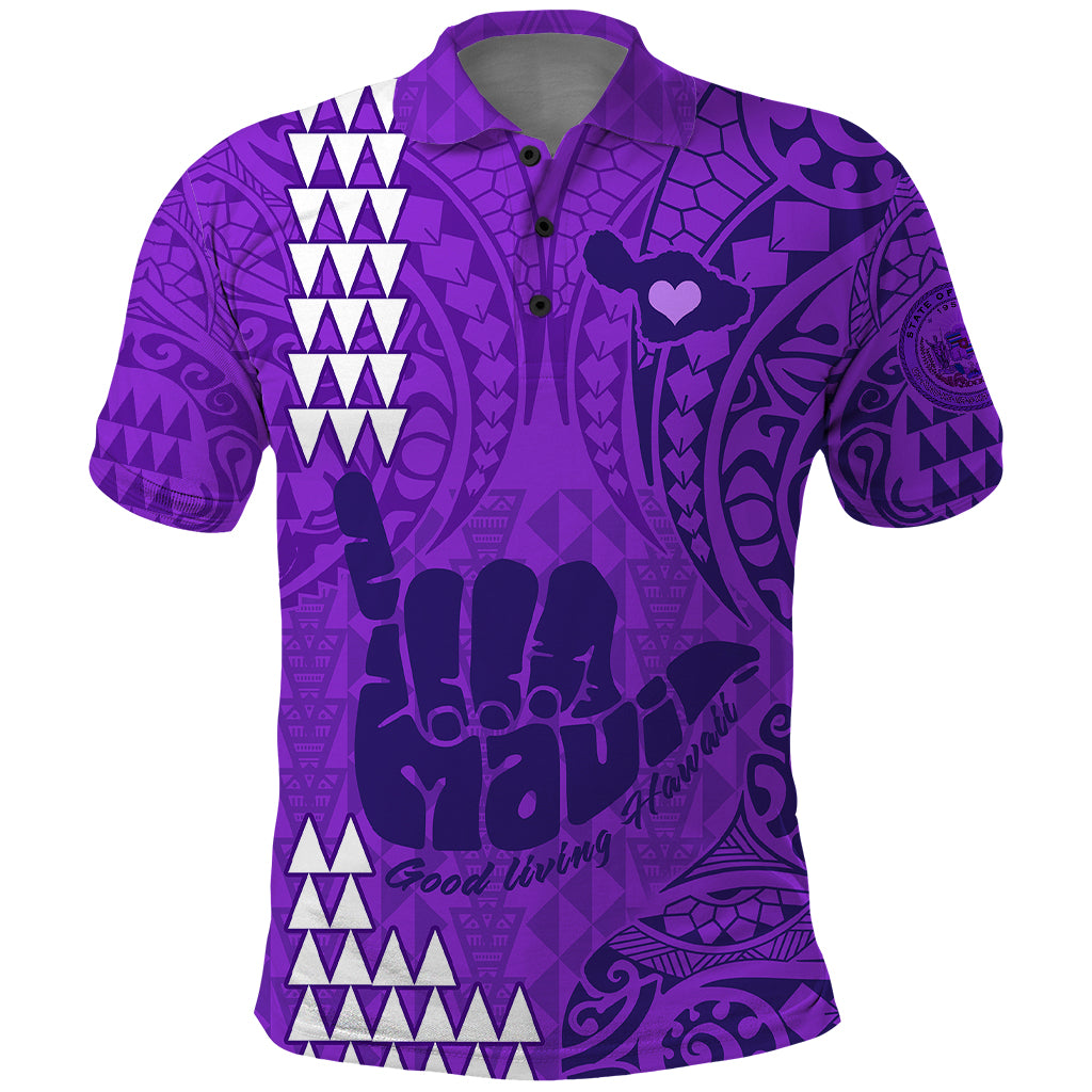 Personalised Strong Maui Polo Shirt Good Living Hawaii with Shaka Sign Kakau Tribal Purple - Wonder Print Shop