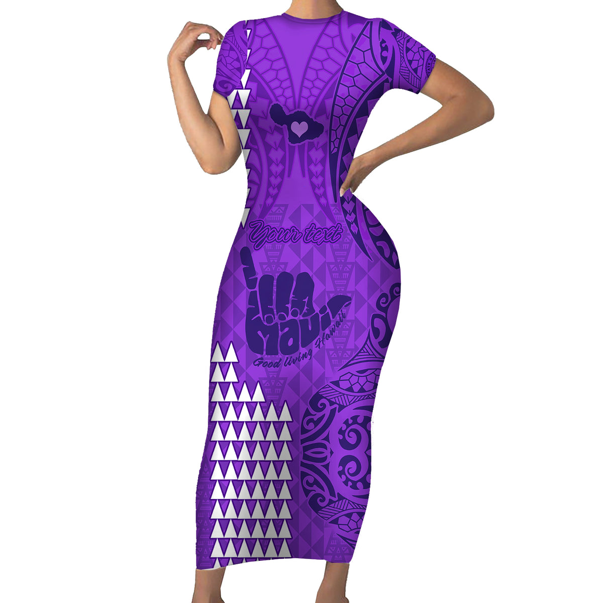 Personalised Strong Maui Short Sleeve Bodycon Dress Good Living Hawaii with Shaka Sign Kakau Tribal Purple - Wonder Print Shop