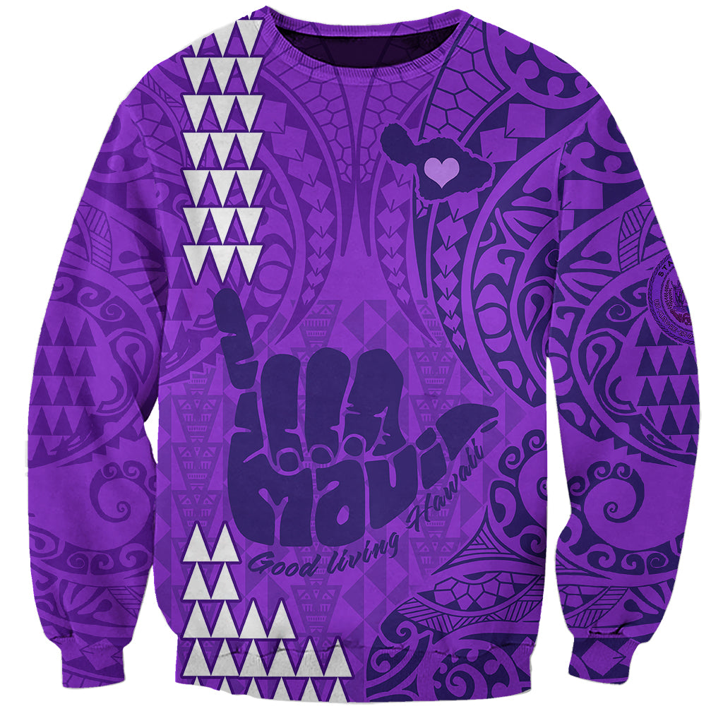 Personalised Strong Maui Sweatshirt Good Living Hawaii with Shaka Sign Kakau Tribal Purple - Wonder Print Shop
